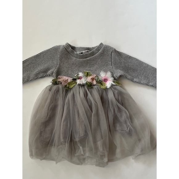Baby Girl Gray Long Sleeve Floral Pattern Mesh Layered Tutu Dress 6M - Picture 4 of 7
